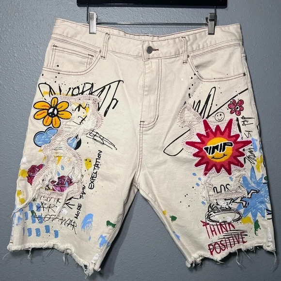 First Row Men Denim Shorts Sz 38 Hand Painted Distressed Boro Stitch 10” Inseam - Picture 1 of 10